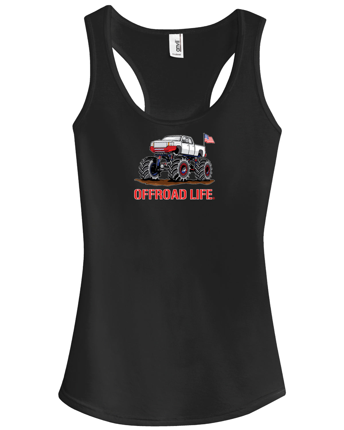 Offroad Life Mega Mud Truck Women's Racerback Tank Top - Lifted Truck Design