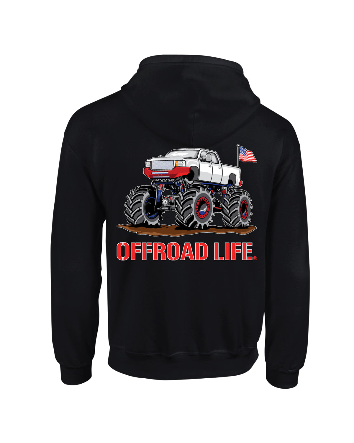 Offroad Life Hoodie "Chevy Mud Truck Edition" - heavy-blend unisex pullover with lifted truck graphic, printed in USA for the off-road lifestyle.
