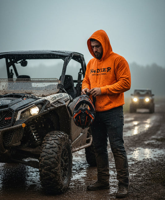 N4DEEP Style heavy blend unisex hoodie by Offroad Life - "Party On The Trails" graphic, 50/50 cotton-poly, rugged offroad apparel.