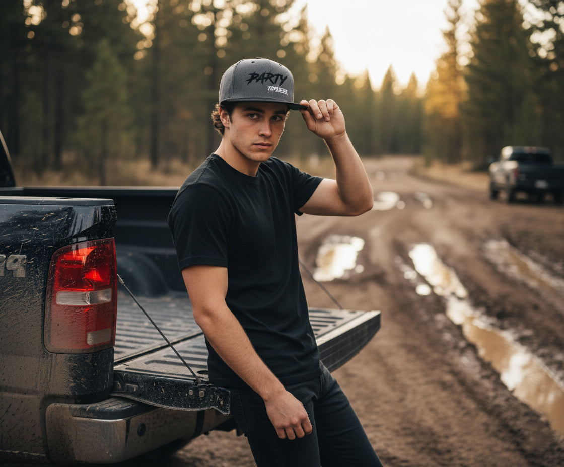 Party Topless Snapback Hat - Flatbill High Profile Offroad Cap for Mud Riders & Lifestyle Enthusiasts