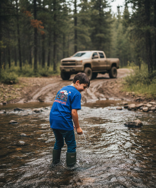 Offroad Life Mega Chevy Mud Truck Youth T‑Shirt - Lifted Truck Graphic