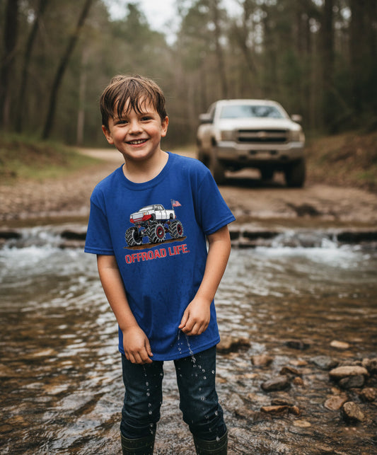 Offroad Life Mega Mud Truck Youth T‑Shirt - Lifted Truck Graphic