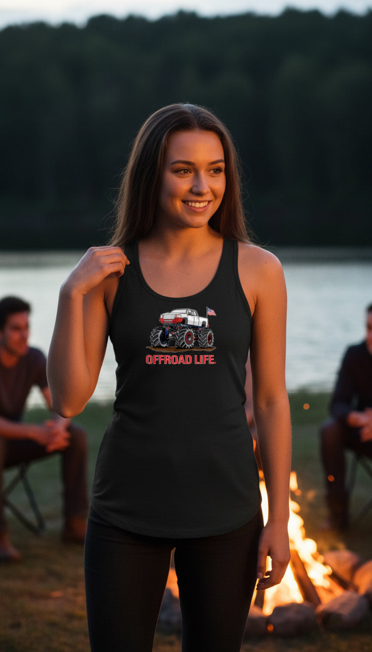 Offroad Life Mega Mud Truck Women's Racerback Tank Top - Lifted Truck Design