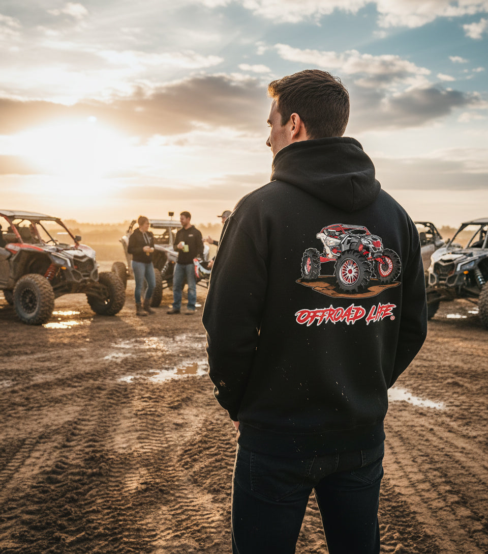 Offroad Life Hoodie Can-Am X3 Edition - heavy-blend unisex pullover with bold side-by-side graphic, offroad lifestyle gear.