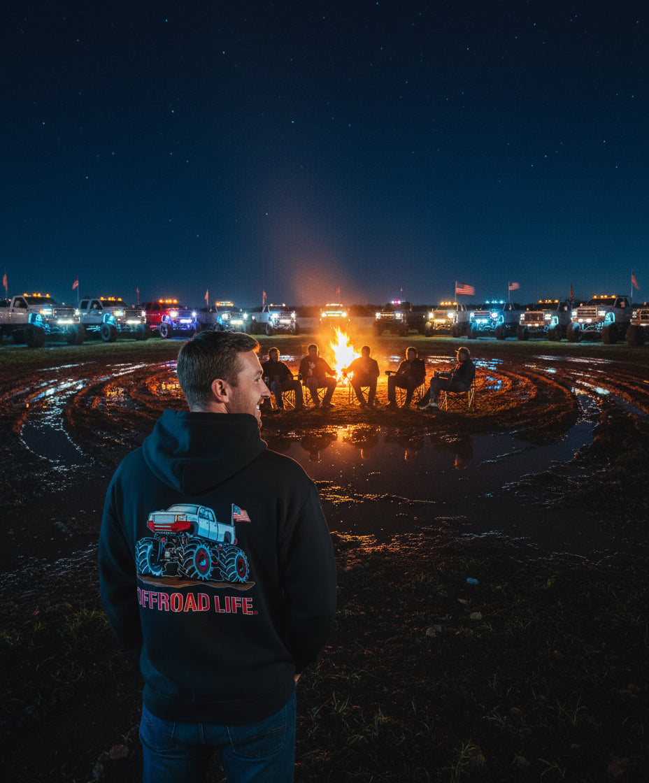 Offroad Life Hoodie "Chevy Mud Truck Edition" - heavy-blend unisex pullover with lifted truck graphic, printed in USA for the off-road lifestyle.