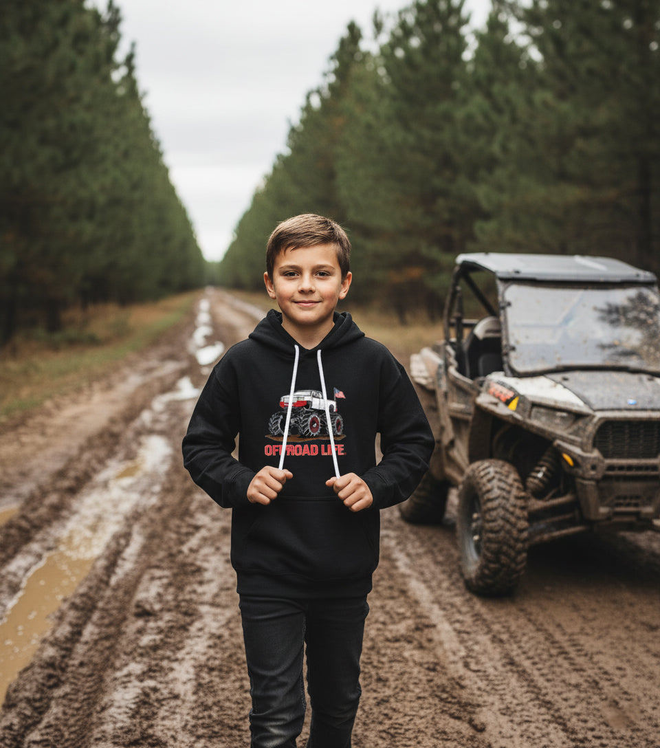 Offroad Life Mega Mud Truck Youth Hoodie - Lifted Truck Design