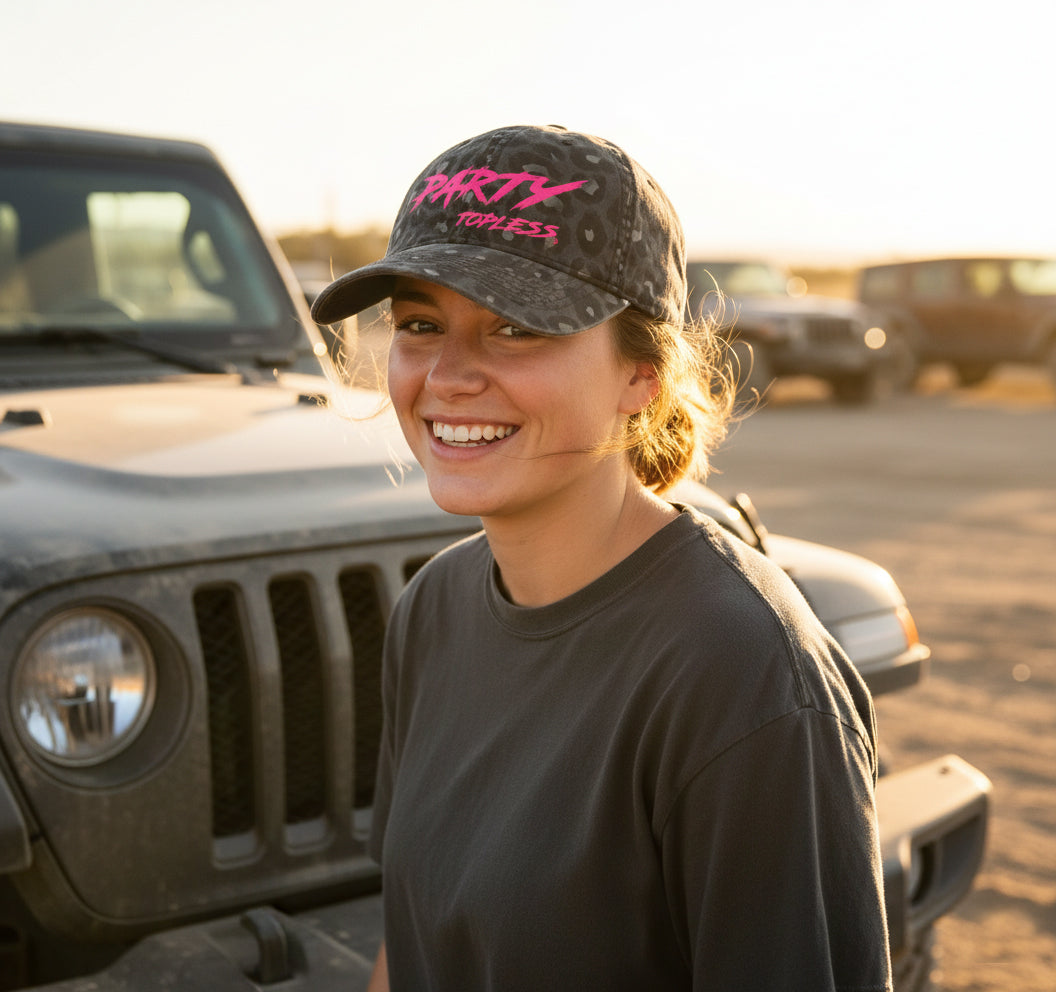 Party Topless high pony trucker hat by Offroad Life  -  snapback mesh cap with embroidered logo, curved brim, and ponytail slot.